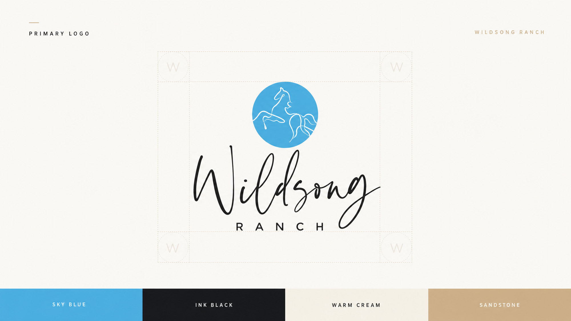 WildSong Ranch primary logo, a script wordmark with a line-art horse in a sky-blue circle, above the sky blue, ink black, warm cream and sandstone palette